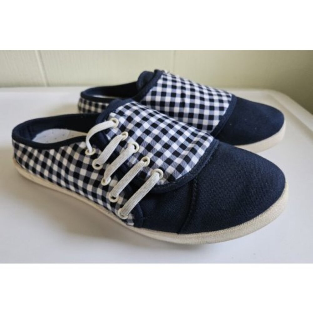 * CUSHION WALK Blue Checked Canvas Mule Clog Ladies Size 8